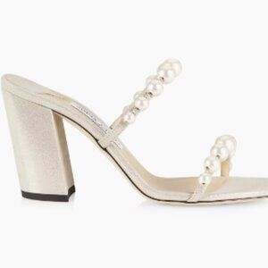 Jimmy Choo Pearl-Beaded Gold Block Heel Sandals